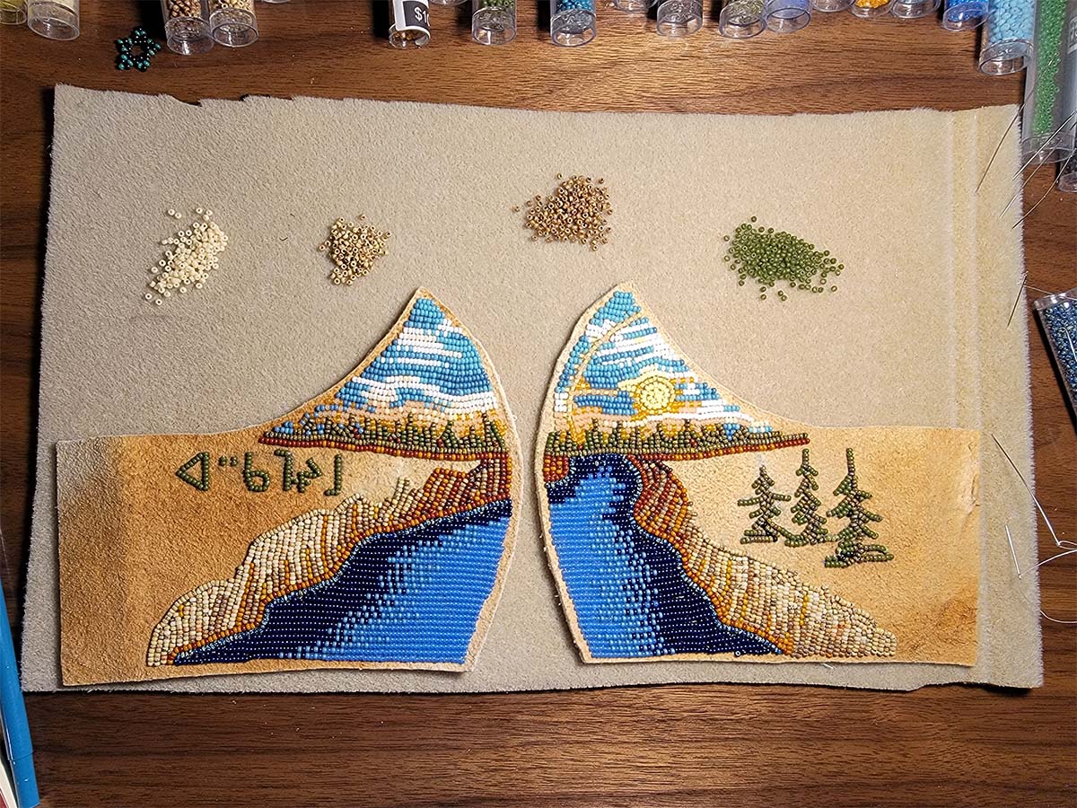 Both sides of the face mask completed and laying flat